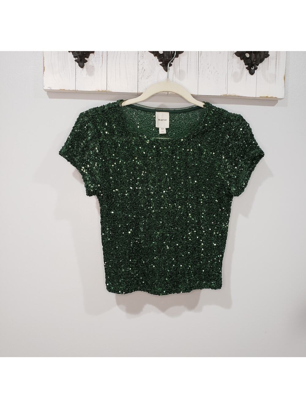 Anthropologie Maeve Emerald Sequin Top NWT XSP